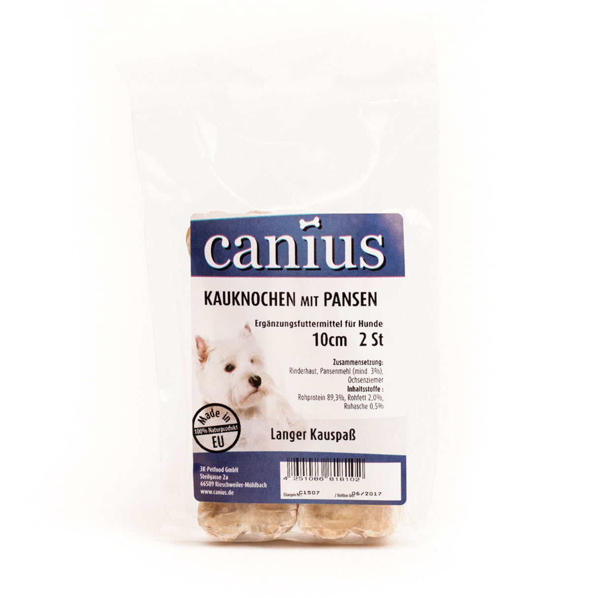 Canius Leckerli Hundesnacks EU Kauknochen gefüllt Pansen 10cm 2er